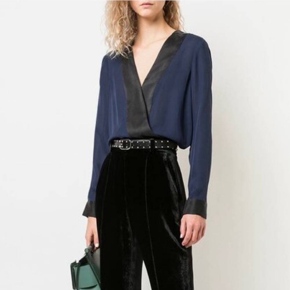 L’AGENCE Kyla Classic Navy & Black Silk Draped Blouse